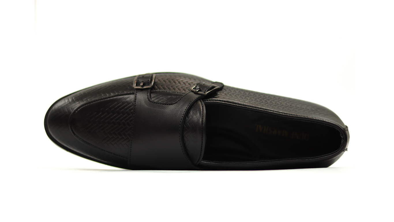 Black Woven-Textured Double Monk Strap Shoes - Image 3