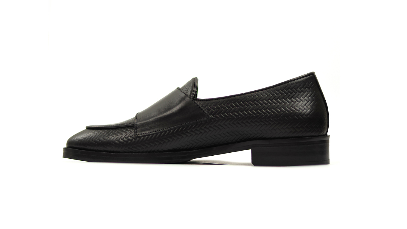 Black Woven-Textured Double Monk Strap Shoes - Image 5