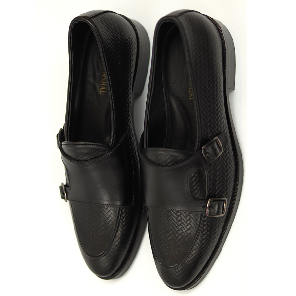 Black Woven-Textured Double Monk Strap Shoes