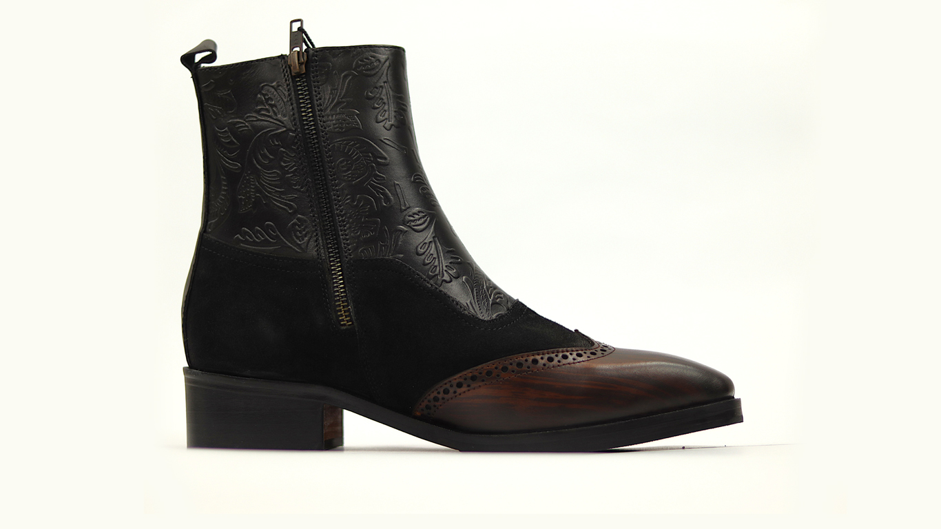 Black Floral Embossed & Suede Dress Boots - Image 2